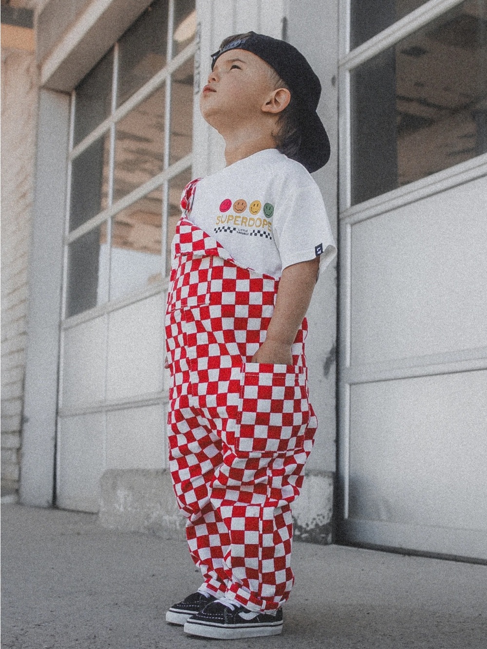 Kids Red & White Checker Denim Pocket Overalls - Little Trouble 2T Unisex